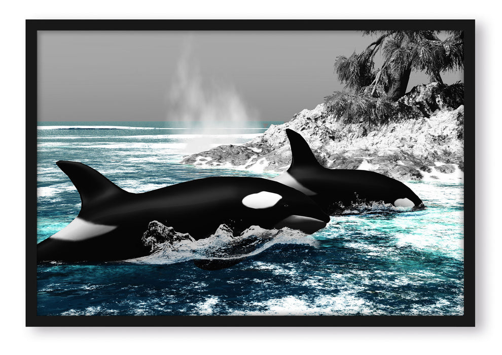 Pixxprint schöne Orcas vor Insel, Poster mit Bilderrahmen