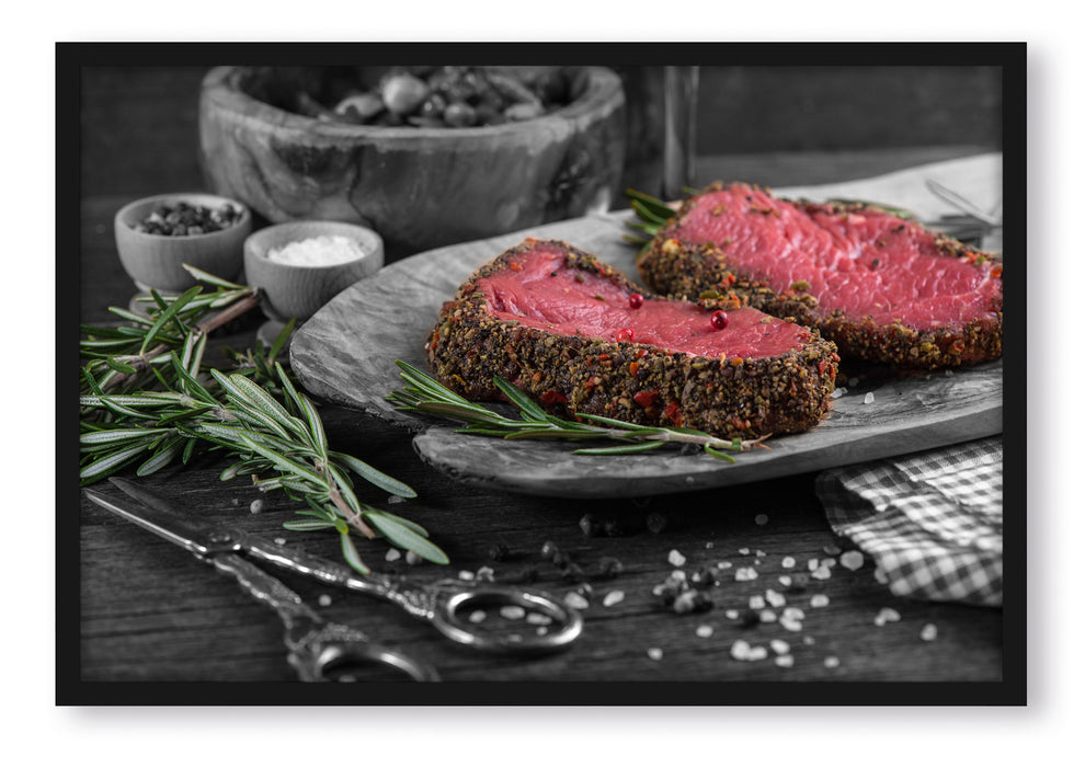 Pixxprint Saftiges Steak Zubereitung, Poster mit Bilderrahmen