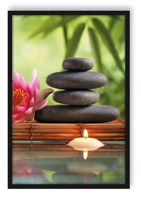 Pixxprint Seerose mit Zen Steinen und Kerzen, Poster mit Bilderrahmen