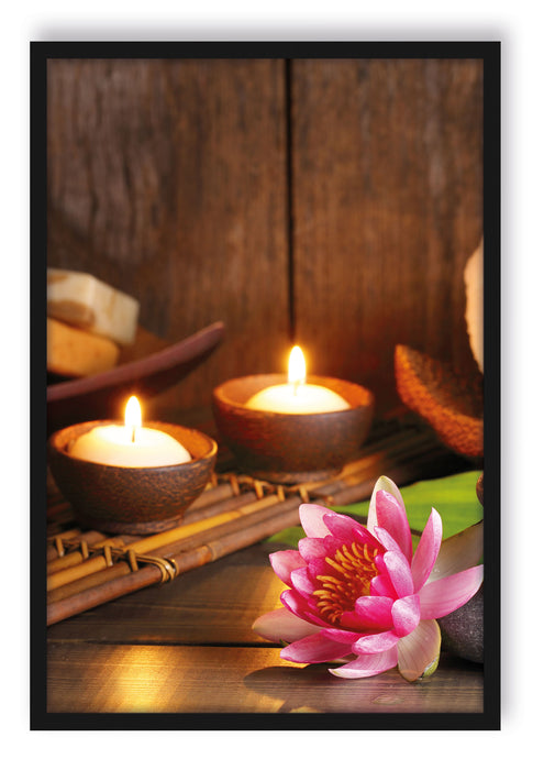 Kerzen mit Zen Steinen und Seerose, Poster mit Bilderrahmen