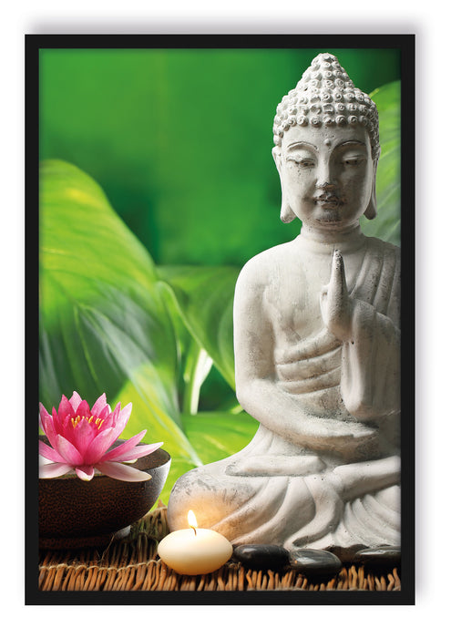 Pixxprint Seerose Buddha Statue, Poster mit Bilderrahmen