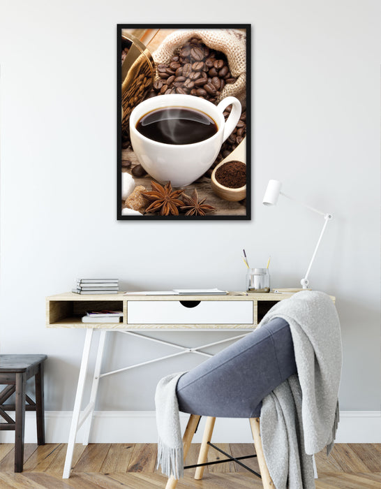 Edler Kaffee und Kaffeebohnen, Poster mit Bilderrahmen