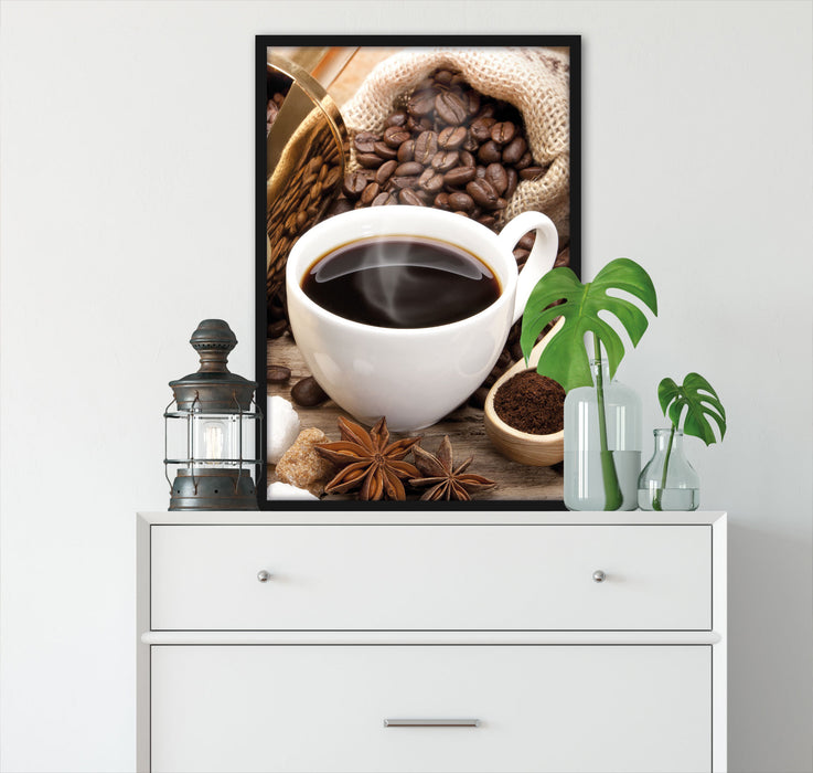 Edler Kaffee und Kaffeebohnen, Poster mit Bilderrahmen