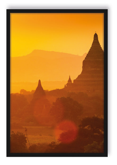 Pixxprint Buddha Tempel im Sonnenuntergang, Poster mit Bilderrahmen