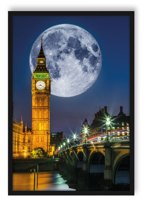 Pixxprint Big Ben vor Mond in London, Poster mit Bilderrahmen