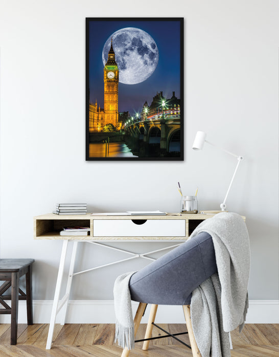 Big Ben vor Mond in London, Poster mit Bilderrahmen