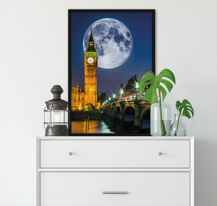 Big Ben vor Mond in London, Poster mit Bilderrahmen