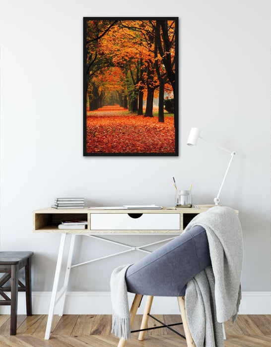 Baumallee im Herbst, Poster mit Bilderrahmen