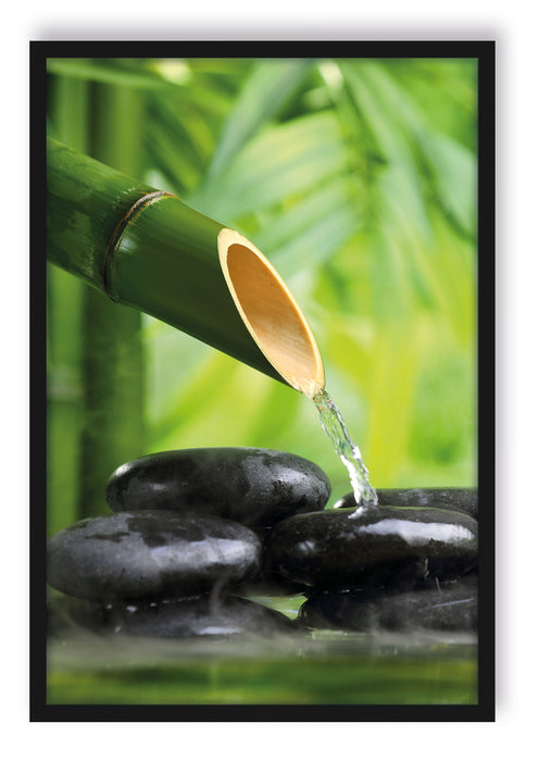 Bambusbrunnen mit Steinen, Poster mit Bilderrahmen