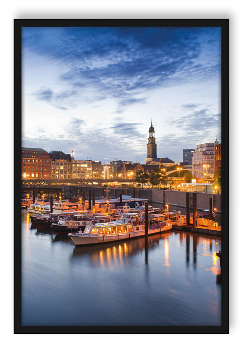 Hamburger Hafen am Abend, Poster mit Bilderrahmen