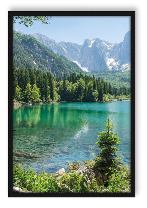 Pixxprint Bergsee mit Wald, Poster mit Bilderrahmen