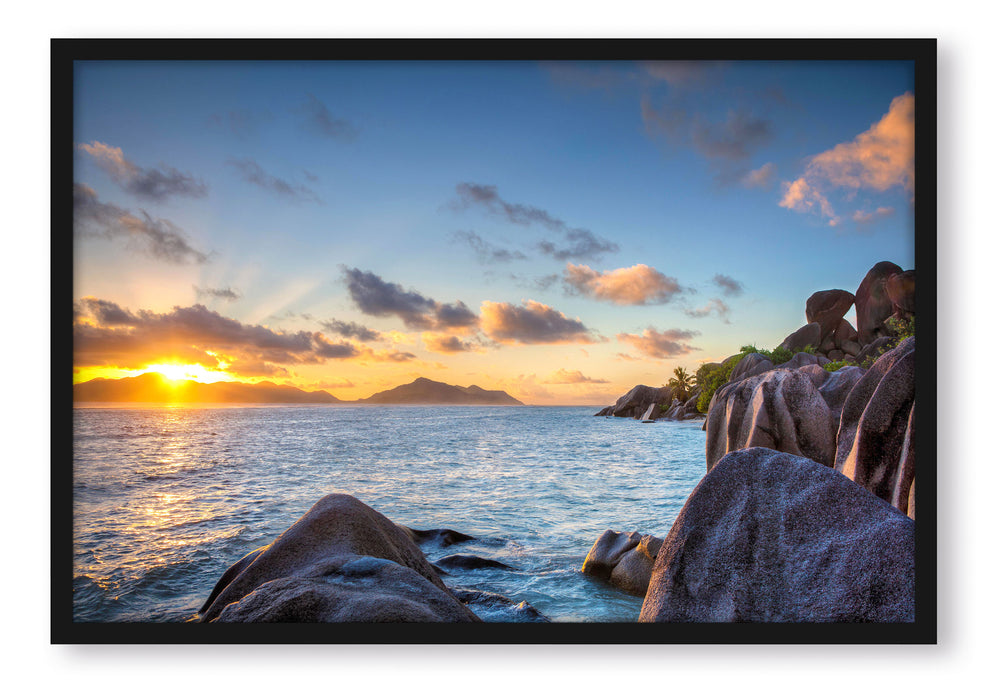 Pixxprint Sonnenuntergang Seychellen, Poster mit Bilderrahmen