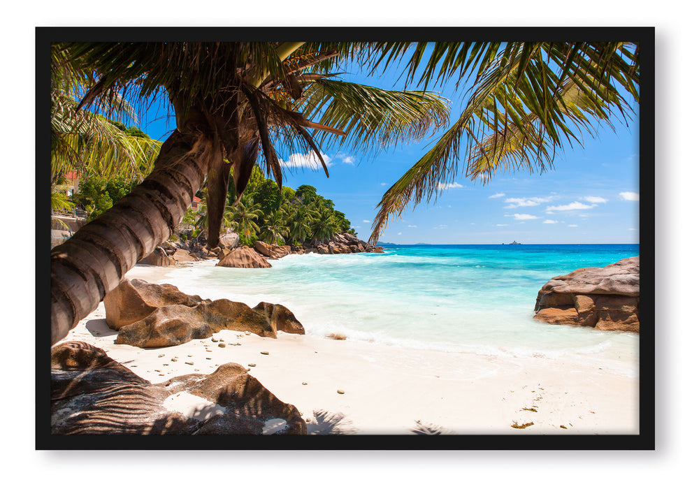 Pixxprint Palmenstrand Seychellen, Poster mit Bilderrahmen