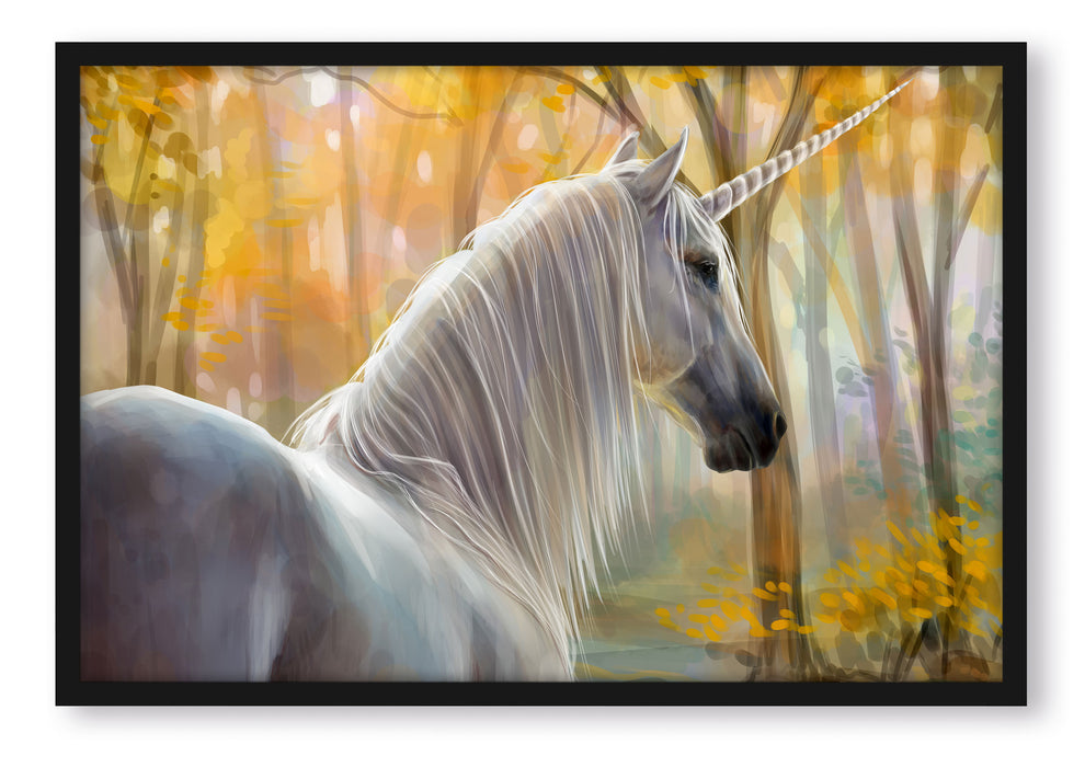 Pixxprint Einsames Einhorn im Wald, Poster mit Bilderrahmen