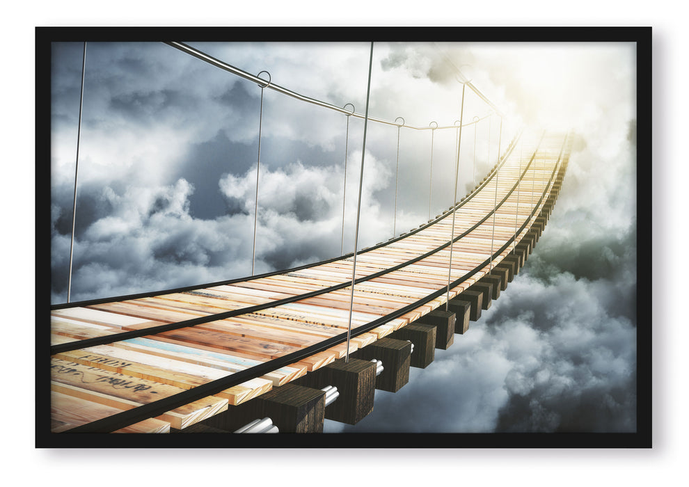Pixxprint Hölzerne Brücke in den Wolken, Poster mit Bilderrahmen