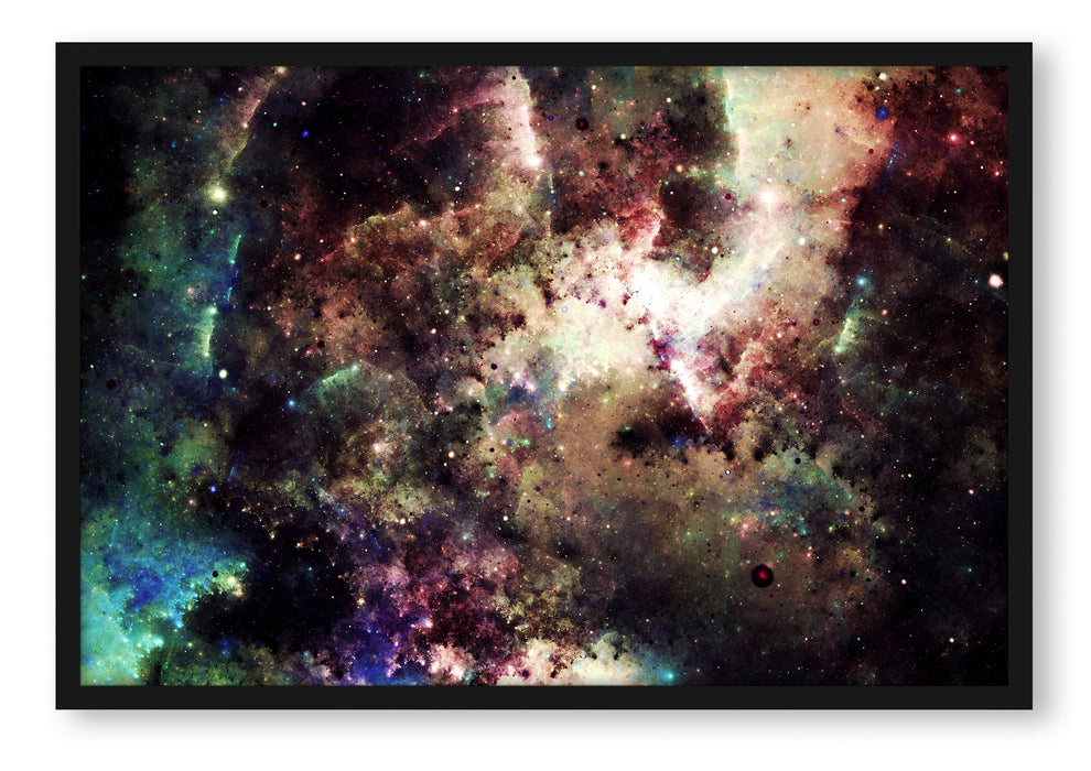 Pixxprint Bunte Nebelgalaxie und Sterne, Poster mit Bilderrahmen