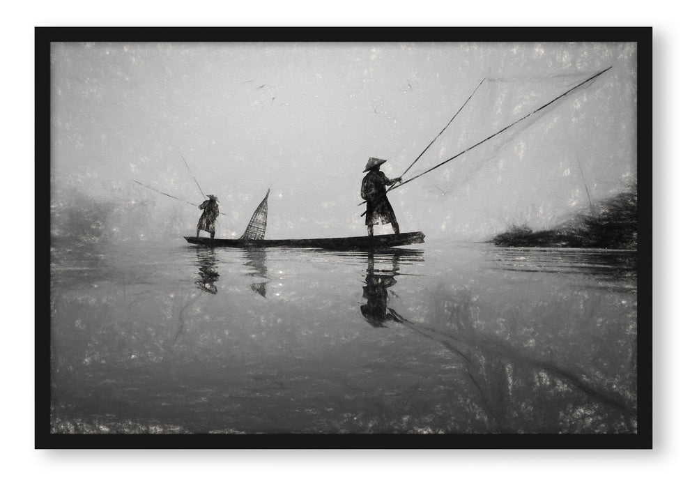 Fischer beim Angeln in Thailand, Poster mit Bilderrahmen