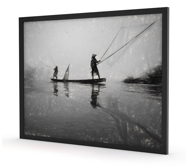 Fischer beim Angeln in Thailand, Poster mit Bilderrahmen