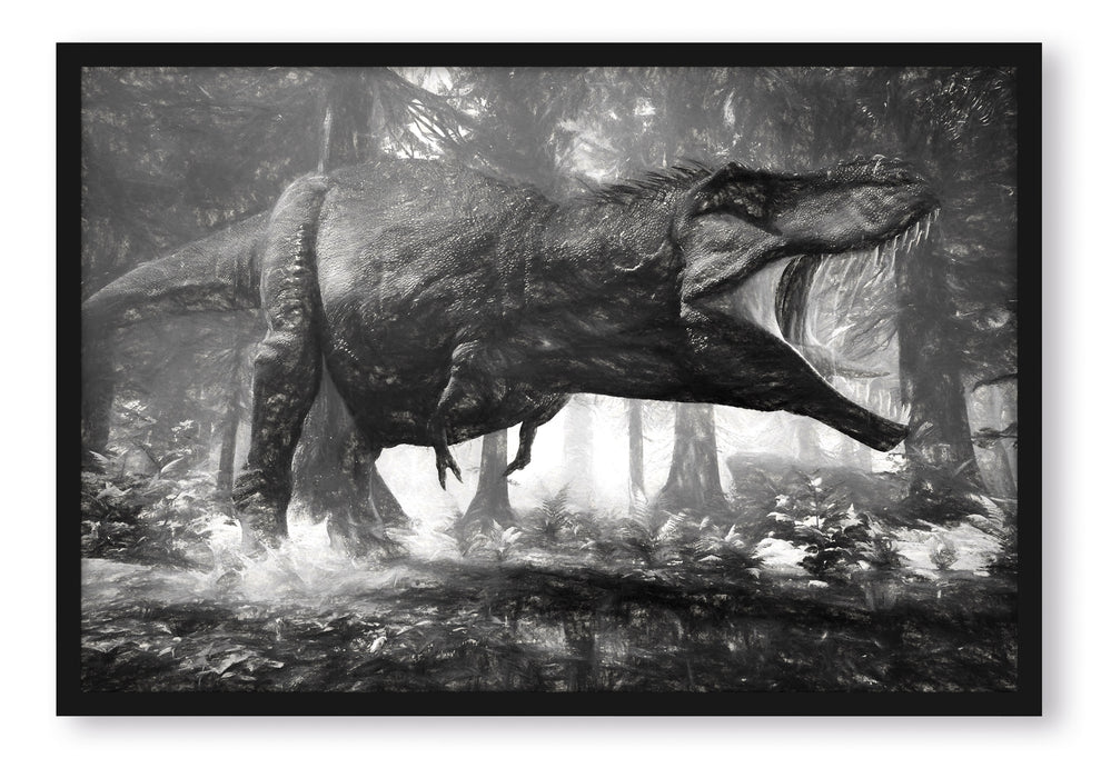 Pixxprint T-Rex Dinosaurier im Wald Kunst, Poster mit Bilderrahmen