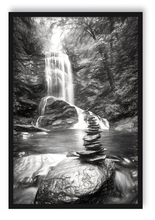 Pixxprint Zen Steine vor Wasserfall Kunst, Poster mit Bilderrahmen
