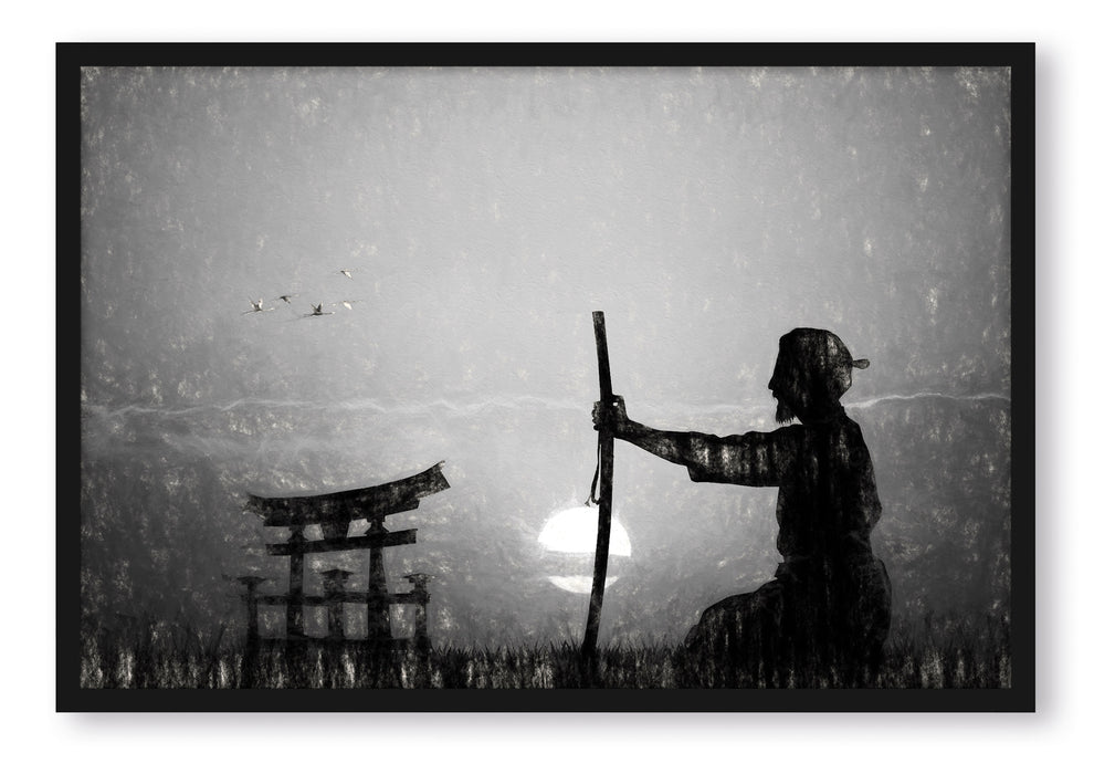 Pixxprint Samurai-Meister vor Horizont, Poster mit Bilderrahmen