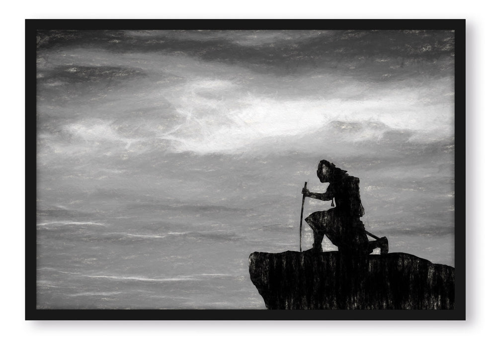 Pixxprint Samurai auf der Spitze des Berges, Poster mit Bilderrahmen