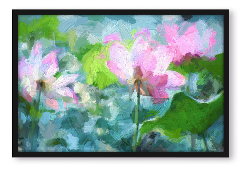 Pixxprint Asiatische Lotusblüte im Teich, Poster mit Bilderrahmen