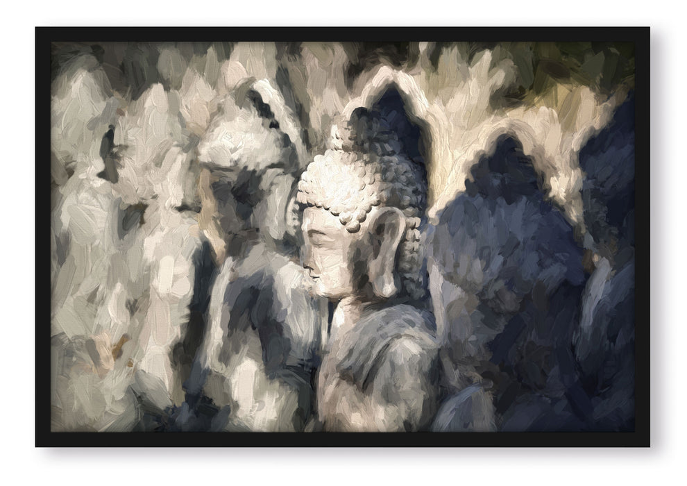 Pixxprint Buddha-Statuen in einer Reihe, Poster mit Bilderrahmen