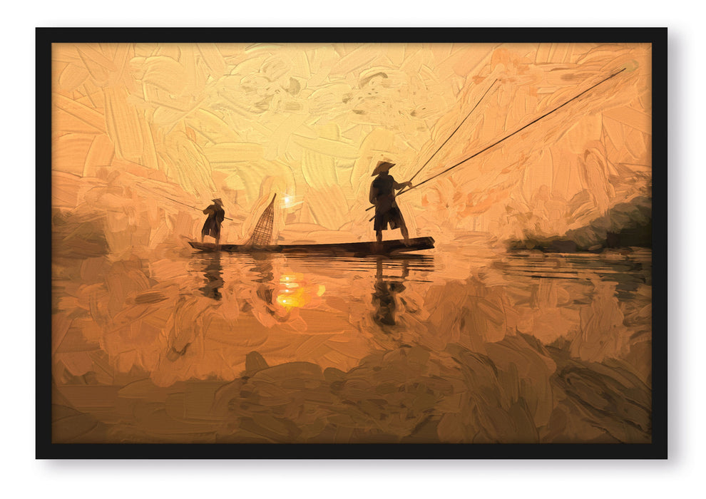 Pixxprint Fischer beim Angeln in Thailand, Poster mit Bilderrahmen