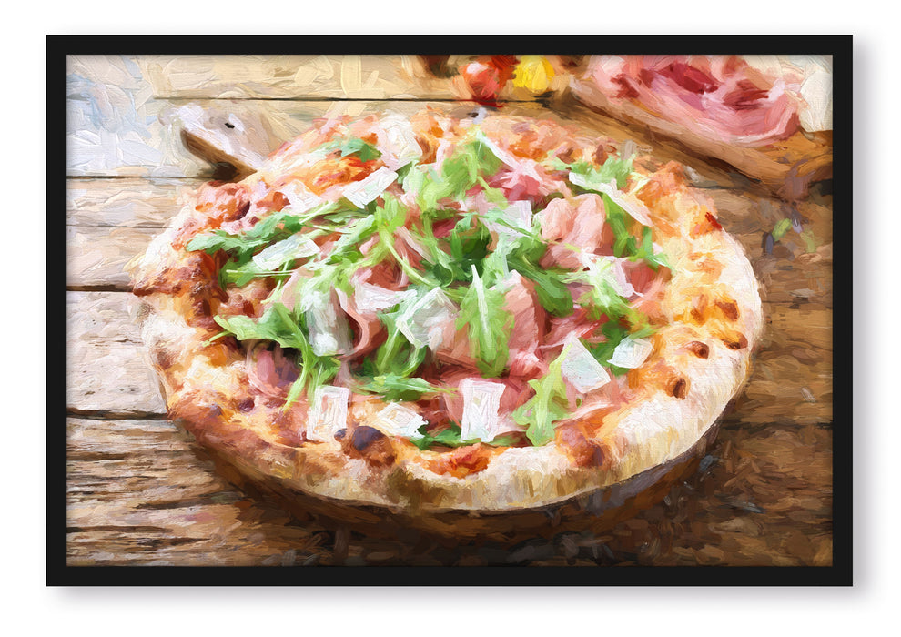 Prosciutto Pizza auf Holztisch, Poster mit Bilderrahmen