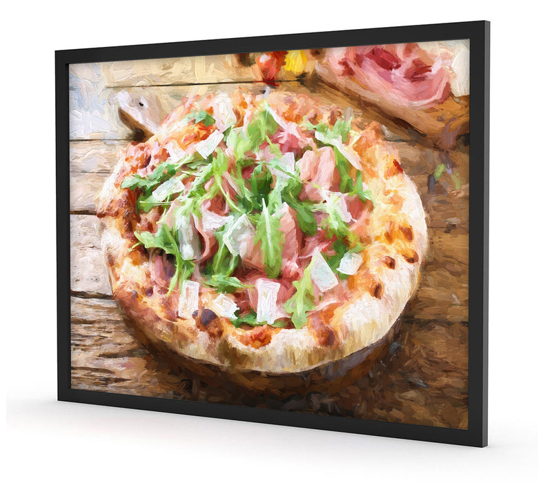 Prosciutto Pizza auf Holztisch, Poster mit Bilderrahmen