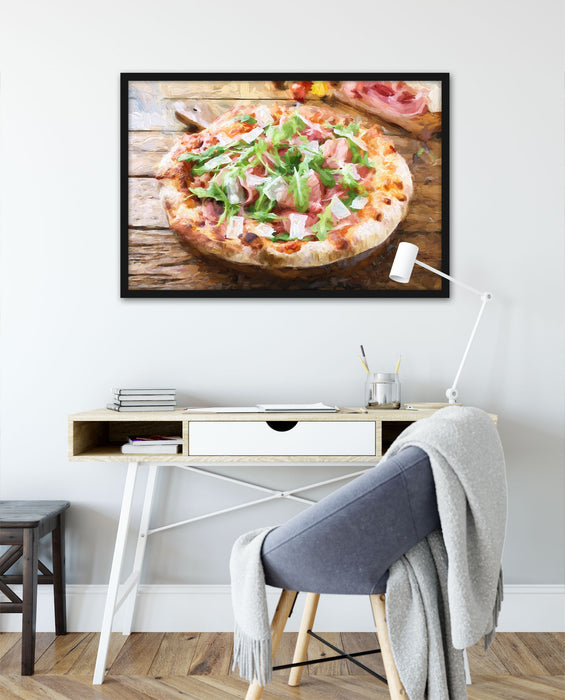 Prosciutto Pizza auf Holztisch, Poster mit Bilderrahmen