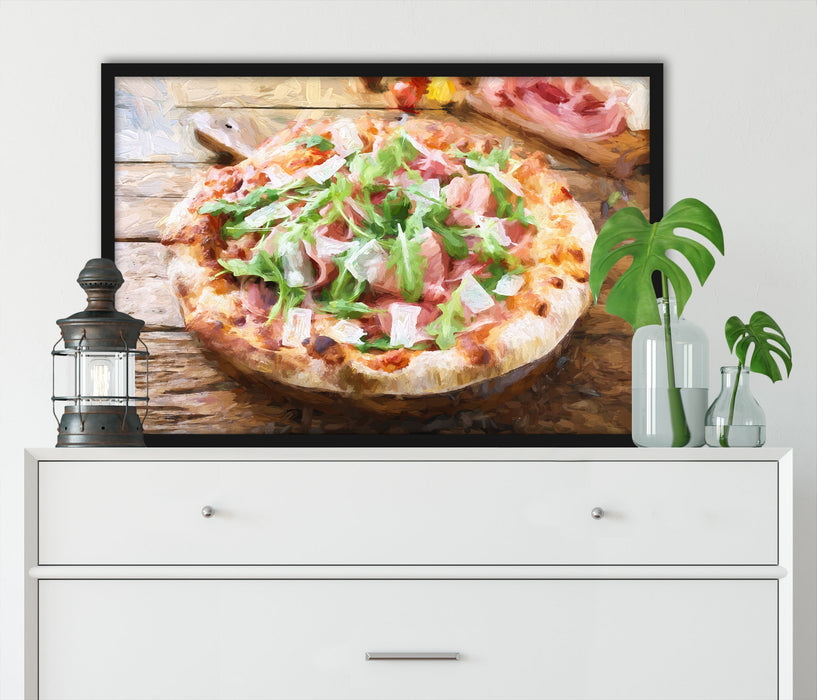 Prosciutto Pizza auf Holztisch, Poster mit Bilderrahmen