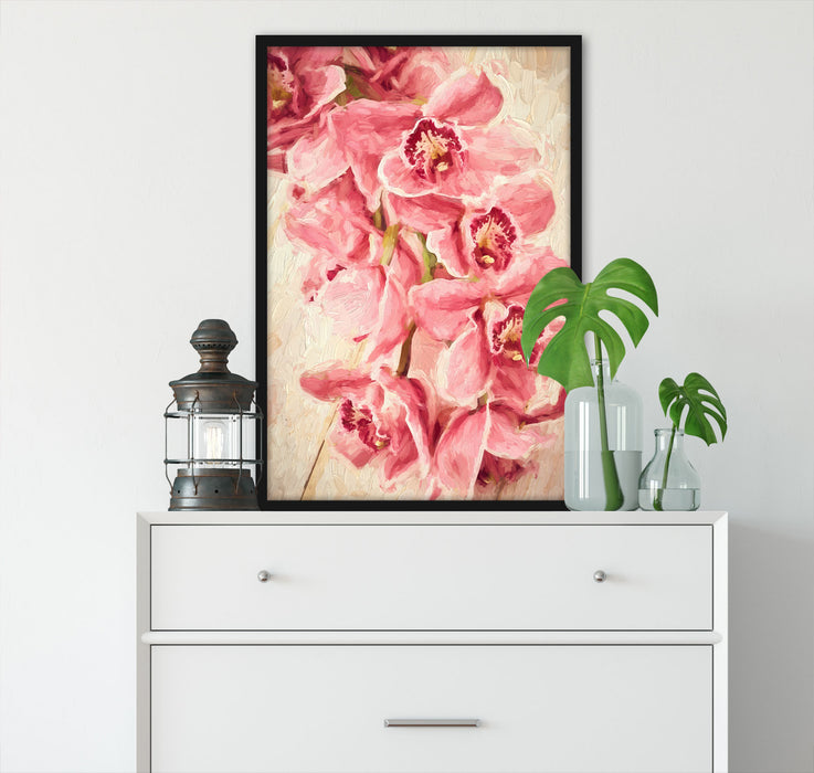 Rosane Orchideenblüten Kunst, Poster mit Bilderrahmen