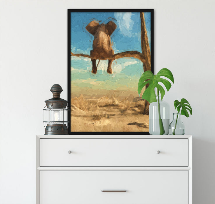 Elefant auf einem Ast in der Wüste, Poster mit Bilderrahmen