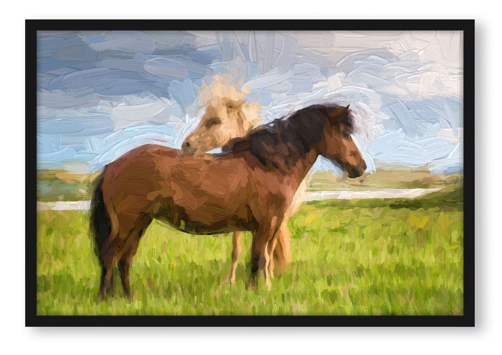 zwei Pferde auf der Wiese Kunst, Poster mit Bilderrahmen