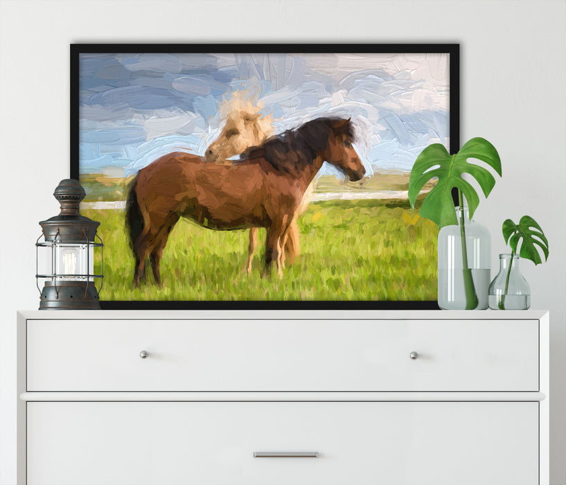 zwei Pferde auf der Wiese Kunst, Poster mit Bilderrahmen