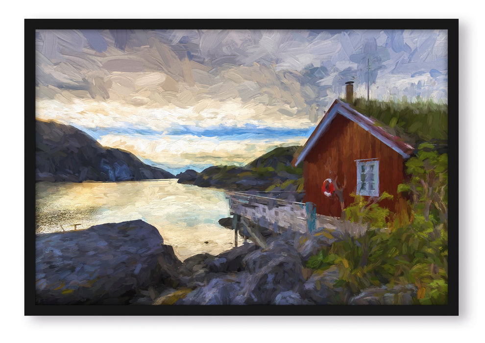 Pixxprint Sonnenaufgang am Fjord Norwegens, Poster mit Bilderrahmen