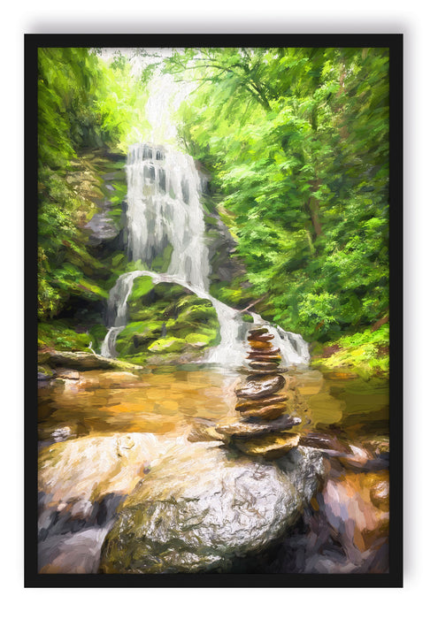 Pixxprint Zen Steine vor Wasserfall Kunst, Poster mit Bilderrahmen