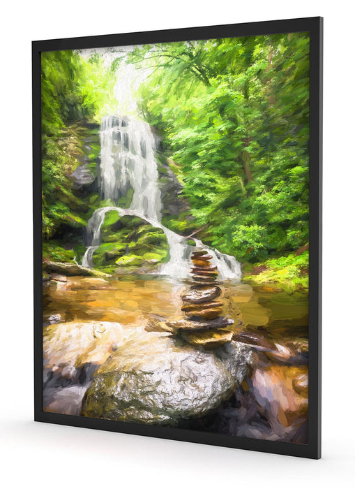 Zen Steine vor Wasserfall Kunst, Poster mit Bilderrahmen