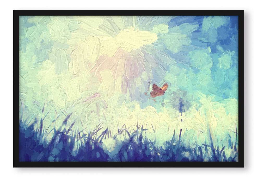 Schmetterling fliegt zu Pusteblume, Poster mit Bilderrahmen