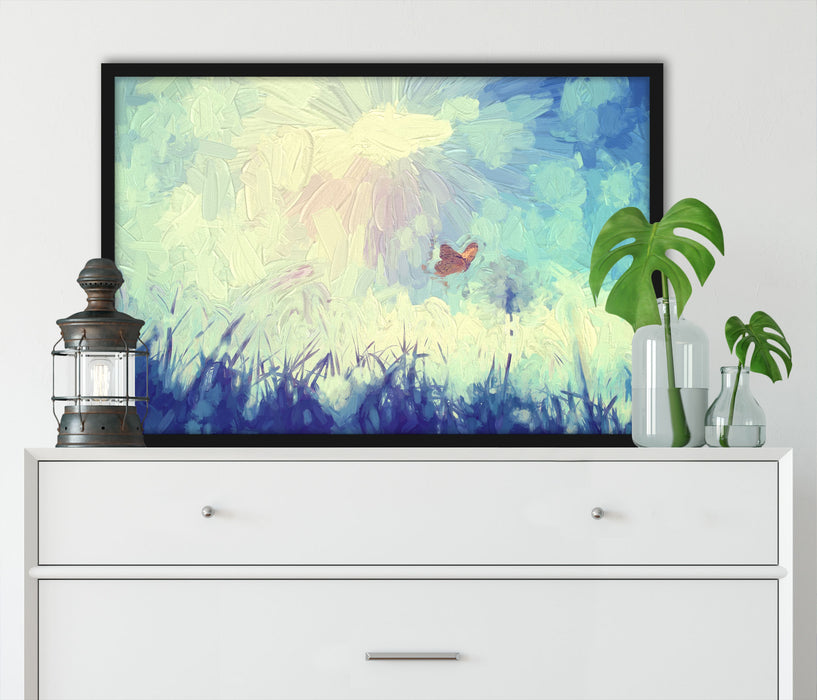 Schmetterling fliegt zu Pusteblume, Poster mit Bilderrahmen