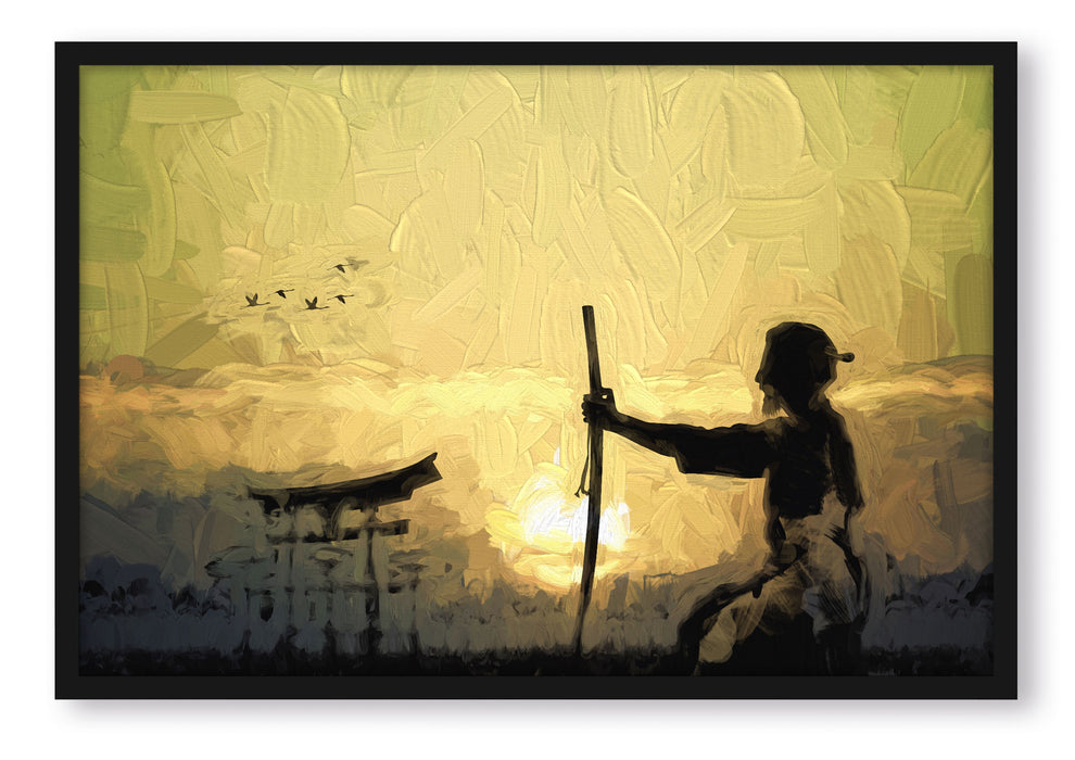 Pixxprint Samurai-Meister vor Horizont, Poster mit Bilderrahmen