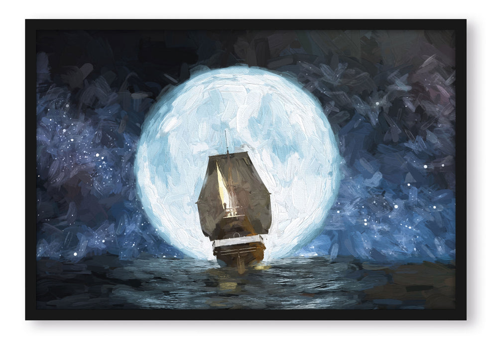 Pixxprint Segelschiff bei Vollmond Kunst, Poster mit Bilderrahmen