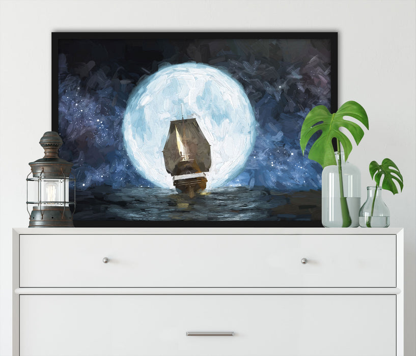 Segelschiff bei Vollmond Kunst, Poster mit Bilderrahmen