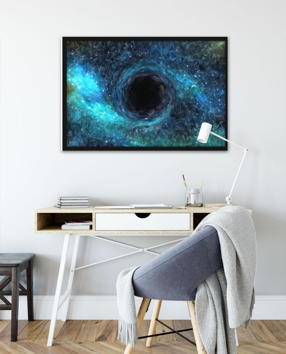 Schwarzes Loch im Weltall Kunst, Poster mit Bilderrahmen