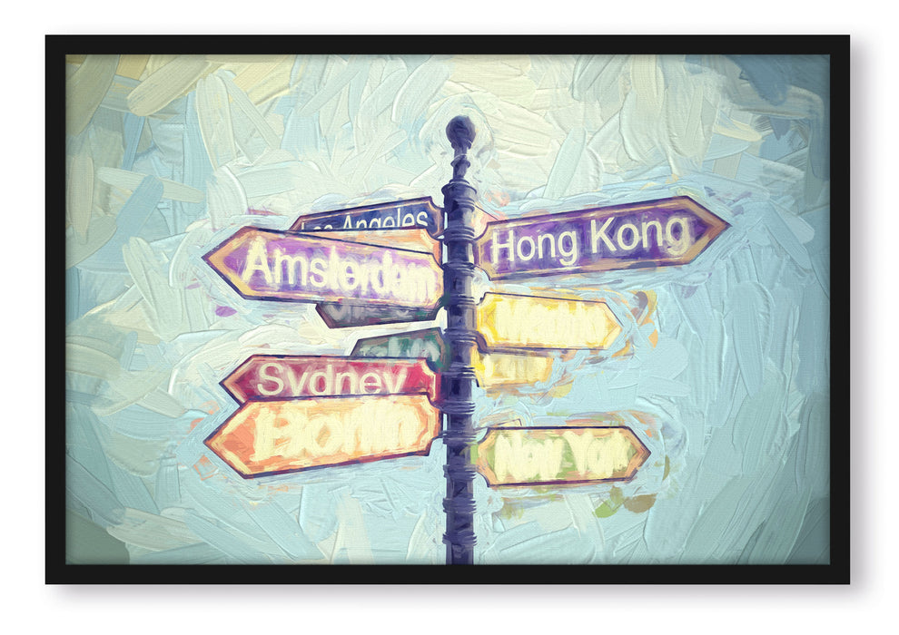 Pixxprint Städte Wegweiser Kunst, Poster mit Bilderrahmen