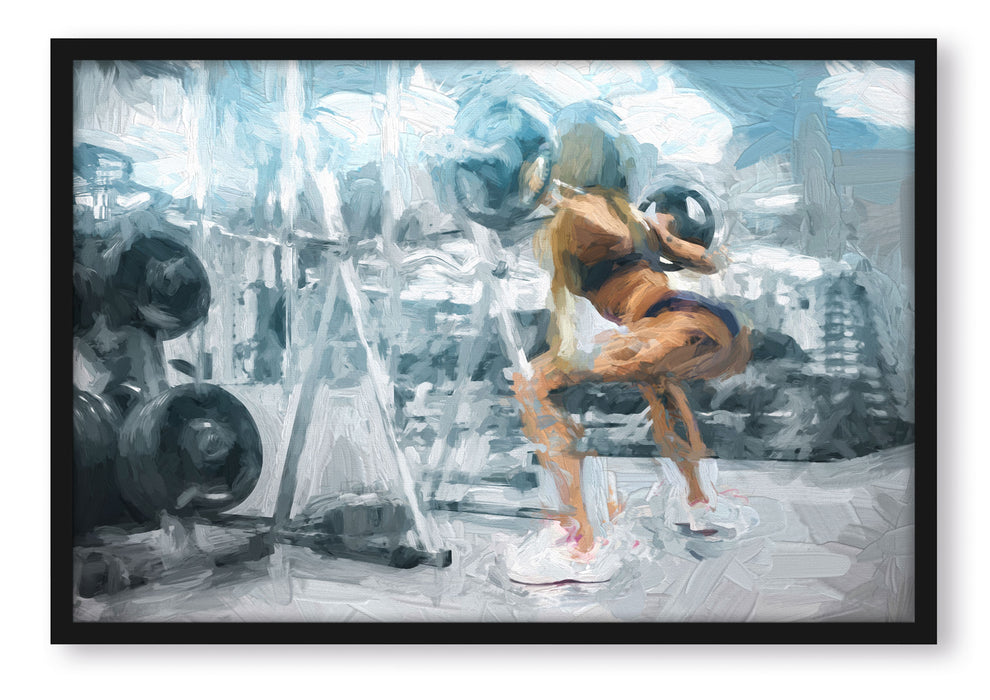 Pixxprint Sportliche Frau mit Hantelstange, Poster mit Bilderrahmen