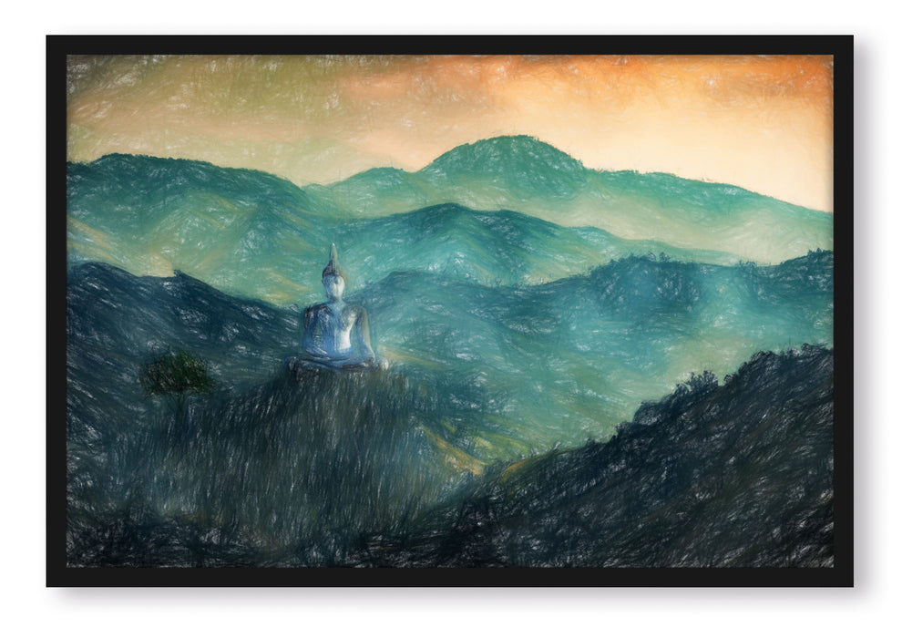 Pixxprint Buddha, Poster mit Bilderrahmen