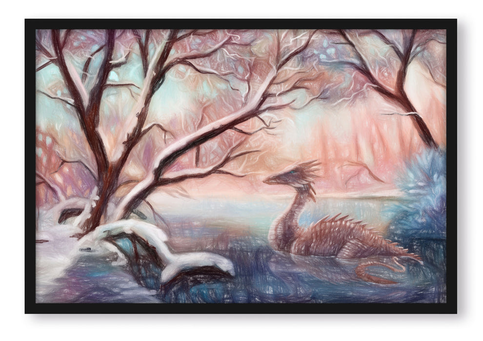 Pixxprint Drache im Wald, Poster mit Bilderrahmen